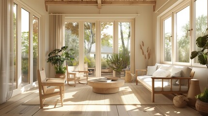 A sunroom with a minimalist Scandinavian style, featuring light wood furniture, neutral tones, and large windows allowing natural light to flood the space