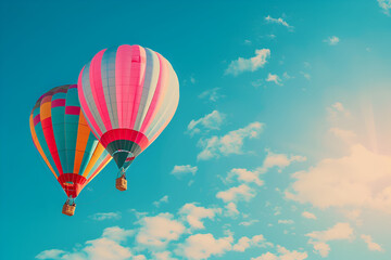 Fototapeta premium Colorful balloons floating against a clear blue sky, Colorful hot air balloons flying in the blue sky at the festival, Hot air balloons flying above clouds at sunset,Adventure and travel