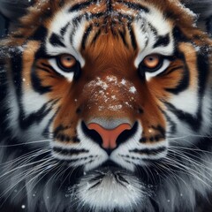 Fototapeta premium A captivating close-up of a tiger's face, showcasing its intense gaze and snow-dusted fur. The detailed fur texture and snowy setting create a striking, powerful image.. AI Generation