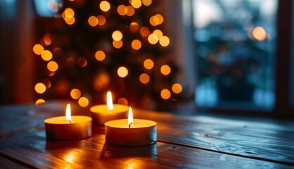 Empty wooden table with candles lit and christmas tree  with bokeh on background. Christmas holiday abstract backdrop mock-up of a showcase for demonstrating  products.  Mockup with copy space