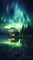 Fototapeta premium Aurora Borealis Northern Lights over log cabin in winter.