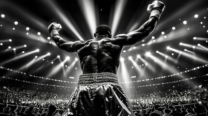 boxer won and raised his hands up