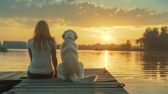 A woman sits at the end of a dock with a white Labrador dog, overlooking calm water and a beautiful sunset. The woman is wearing light colored . A wooden pier extends into the lake, with the dog's - Powered by Adobe