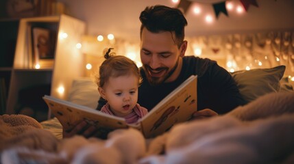 Father reading a bedtime story to his child in a warmly lit bedroom, surrounded by soft lighting and a cozy atmosphere.
