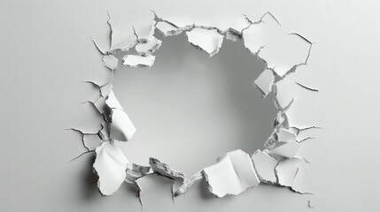 Hole breaking through white wall, cut out hyper realistic 