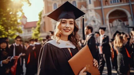 Obraz premium Young graduates wearing graduation attire, including togas and robes, are holding diplomas