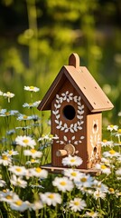 A birdhouse nestles among spring flowers