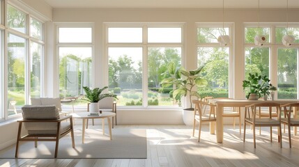 Fototapeta premium A sunroom with a Scandinavian design, featuring light wood furniture, neutral tones, and large windows allowing natural light to flood the space