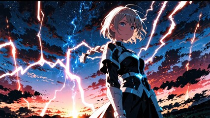 A formidable female warrior in futuristic armor with majestic blue and white lightnings in her surroundings.