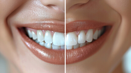 dentistry through before and after images capturing the difference in a woman's smile after veneers installation and braces.