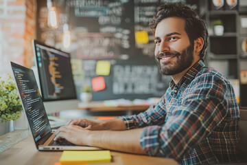 Fototapeta premium A developer writes code on his laptop. Inside the office develop software for customers.