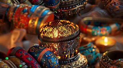Fototapeta premium Intricately Patterned Traditional Indian Jewelry Pieces Shimmering Under Soft Lantern Light