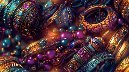 Naklejka premium Intricately Patterned Traditional Indian Jewellery Accessories Shimmering Under Soft Lantern Light with Ornate Jewel like Details and Painterly