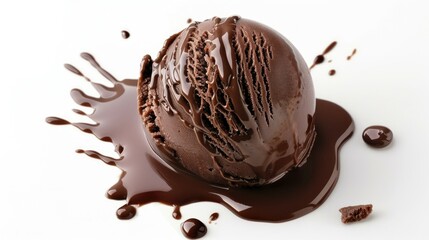 Chocolate Scoop. Decadent Chocolate Ice Cream on White Background with Sauce
