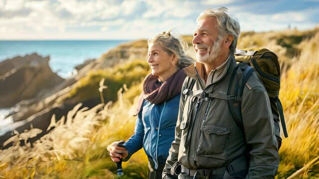 A happy middle aged couple hiking on a coastal path