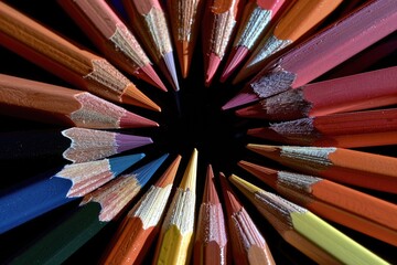 Naklejka premium Colored Pencil Circle. Art Concept Arrangement on Black Background