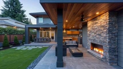 Outside Fireplace. New Modern Home Features Covered Backyard Patio with Stone Fireplace