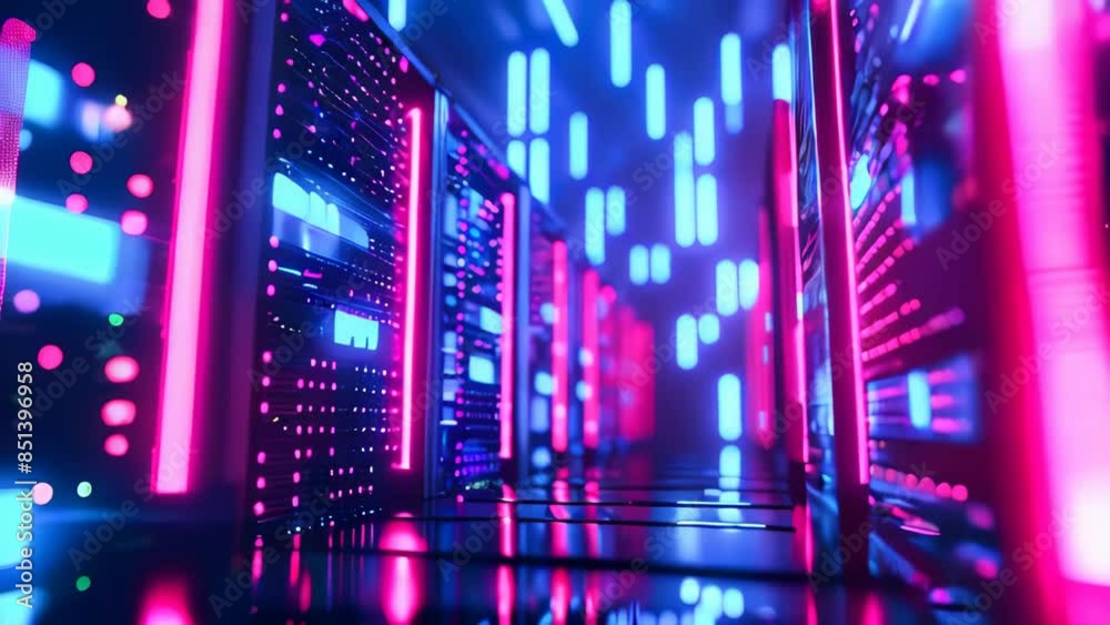 Poster a row of computer servers in a data center. concept of cyberspace, communication and technology.