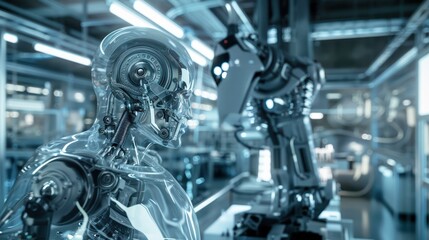 Fototapeta premium Futuristic robot working in an advanced technology factory. Concept of artificial intelligence, automation, and modern industry.