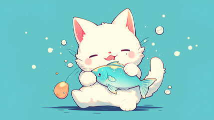 Kawaii cute cat biting fish with simple background