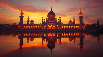 A majestic mosque with golden domes reflects in a tranquil lake at sunset.