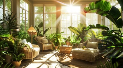 Fototapeta premium A sunroom with a tropical oasis theme, featuring lush greenery, rattan furniture, and sunlight creating a serene atmosphere