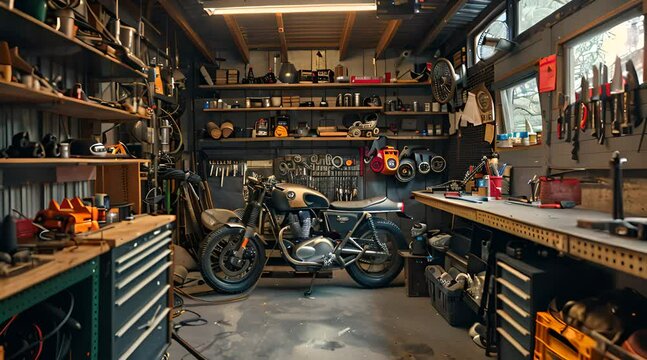 Interior of a motorcycle workshop, very tidy.
