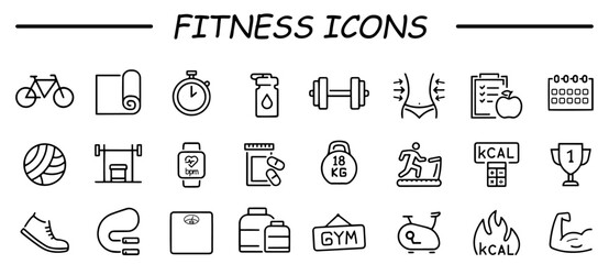 Vector set of fitness line icons. Contains icons gym, nutrition, cardio exercises, sports supplements, yoga, sleep, workout and more.