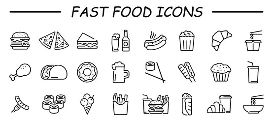 Simple set of fast food related vector line icons. Contains such Icons as Pizza, Tacos, Chips and more.