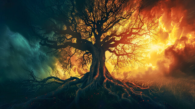 Yggdrasil, the World Tree, with its branches reaching towards the heavens and roots delving deep into the realms of Niflheim and Muspelheim Photography, Silhouette Lighting, Vignette