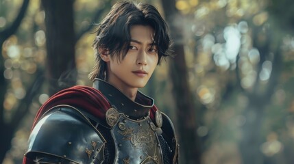 A handsome, cute, Korean young man featuring a medieval knight's armor, showcasing bravery in a fantasy battlefield, emphasizing his courageous and noble aura. 