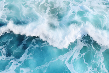 Fototapeta premium Top view of the ocean blue water with white foam and waves
