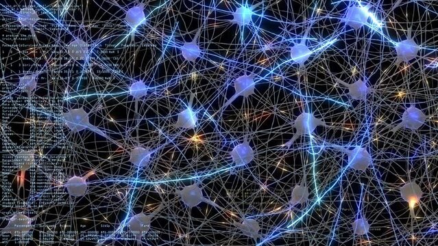 Animated neurons perceptrons and logistic regression models. Background code by a data analyst shows AI model training. Perfect for those interested in machine learning, AI, and data science.