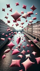 Floating Pink Pillows Over Urban Canal