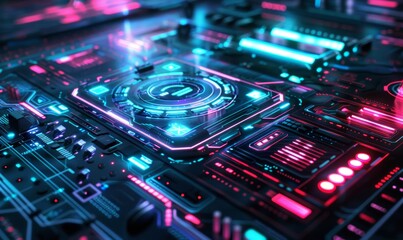 Obraz premium Illustration of a futuristic holographic interface with vibrant colors, depicting advanced technology and digital innovation