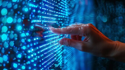 Fingers touch a panel of glowing cybernetic digits in a virtual reality environment