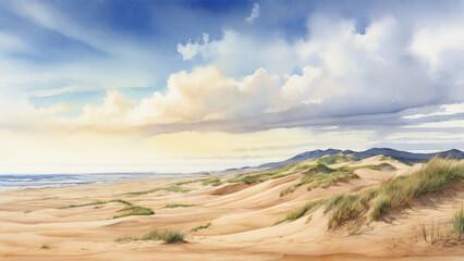 Obraz premium Watercolor painting: The windswept beauty of the Oregon Dunes National Recreation Area, the largest expanse of coastal sand dunes in North America,