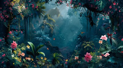Tropical Rainforest with Lush Foliage and Vibrant Flowers