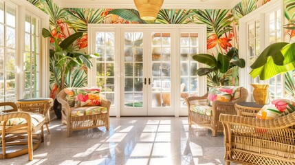 A sunroom with a vibrant tropical theme, decorated with palm leaves, rattan furniture, and sunlight streaming through glass doors