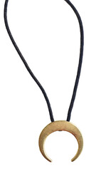 Gold plated moon shaped pendant with black cord necklace, isolated on PNG transparent background. 