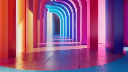 A colorful hallway with multi-colored archways creating a stunning perspective effect, enhanced by light and shadow interplay