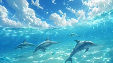 Dolphins Swimming in a Sunny Ocean
