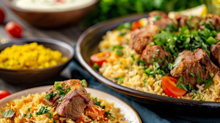 Fototapeta premium Close-up of Delicious Middle Eastern Dish with Meat, Rice, and Herbs