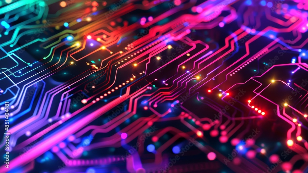 Wall mural abstract background of a bright and colorful circuit board pattern with glowing effects