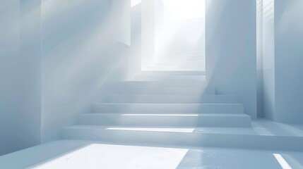 Obraz premium Minimal abstract background with white staircases and ethereal lighting, evoking a sense of calm and sophistication in modern interior concepts