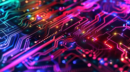 Fototapeta premium Abstract background of a bright and colorful circuit board pattern with glowing effects