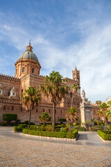 Palermo Cathedral with Statue of Santa Rosalia, Sicily, Italy. Sunny summer day