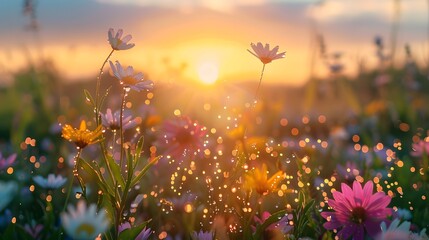 Sunlit Meadow with Dewy Flowers