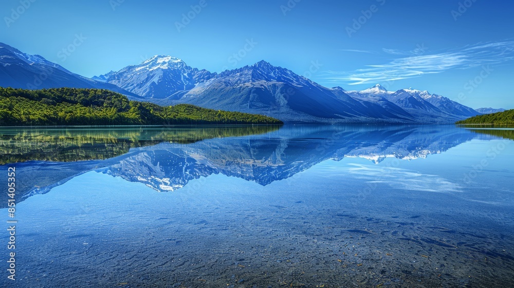 Wall mural Abstract background of a serene mountain landscape with clear sky and reflections on the lake - Wall murals