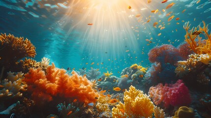 Naklejka premium Sunbeams Illuminating a Vibrant Coral Reef
